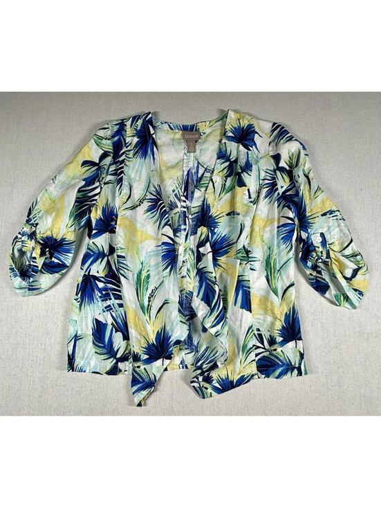 Chico's Sweaters - Chico's Cardigan‎ Sz 3 Women XL Blue White 100% Linen Open Front Roll Up Sleeve